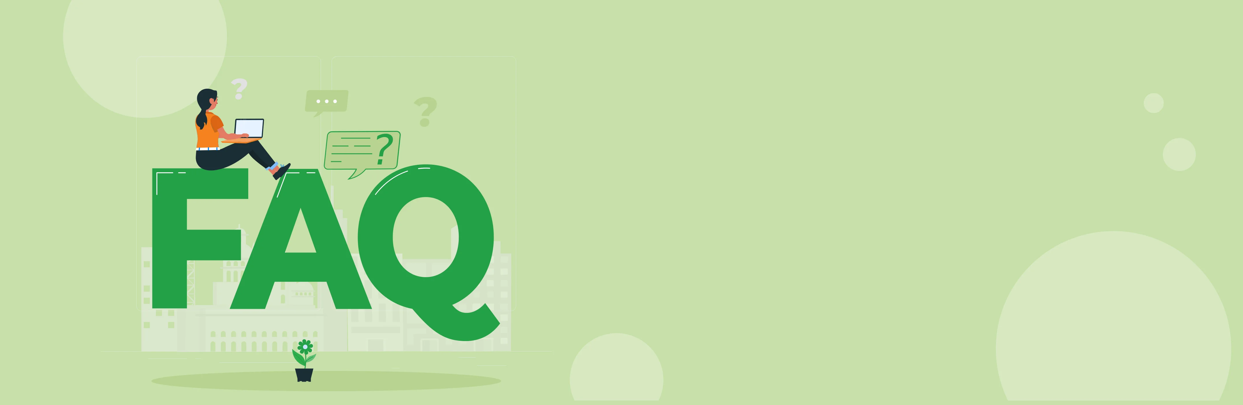 A vector character sitting in front of the 'FAQ' text of Manakamana Beverage, with a laptop on a green background.