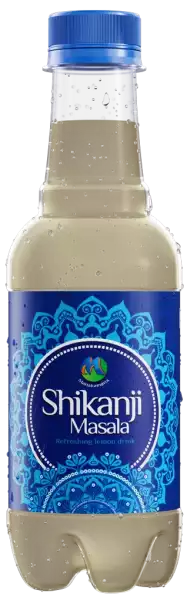 A bottle of Shikanji Masala by Manakamana Beverage, featuring a label on a transparent background.