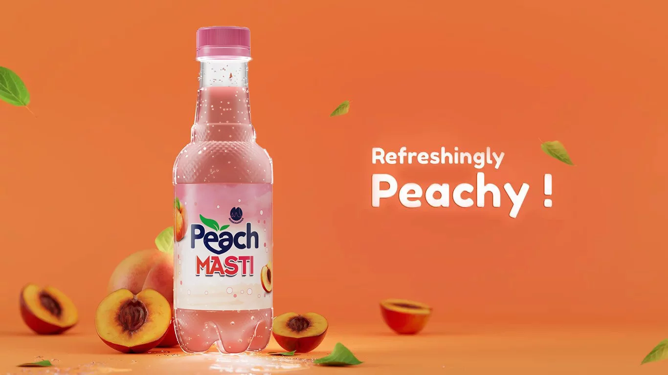 Bottle of Peach Masti in an orange background with text Refreshing Peachy with cut peach sorrounded to it with cinematic aesthetic.
